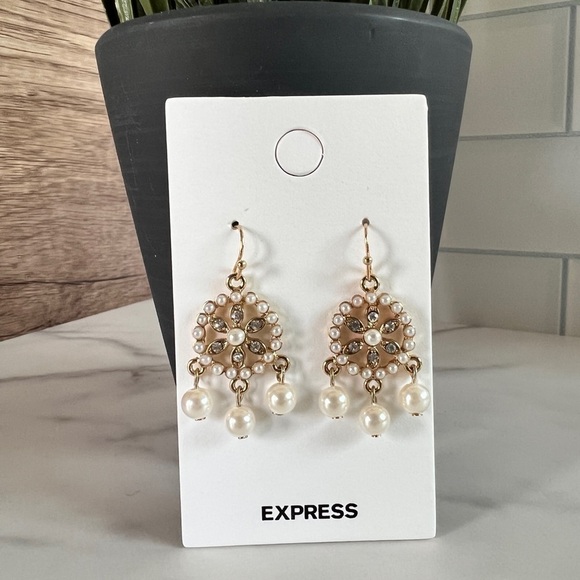 Express Gold & Faux Pearl Dangle Earrings with with Wheel Shape CZ Detail - Picture 1 of 4